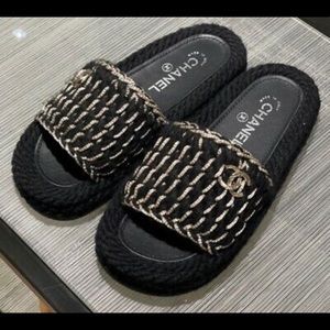Chanel Black Braided Knit Tweed Logo Sandals Slides Mules